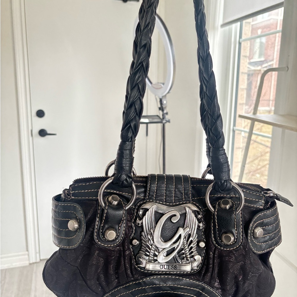GUESS Black Braided-Handle Shoulder Bag with Silver Logo Plaque
